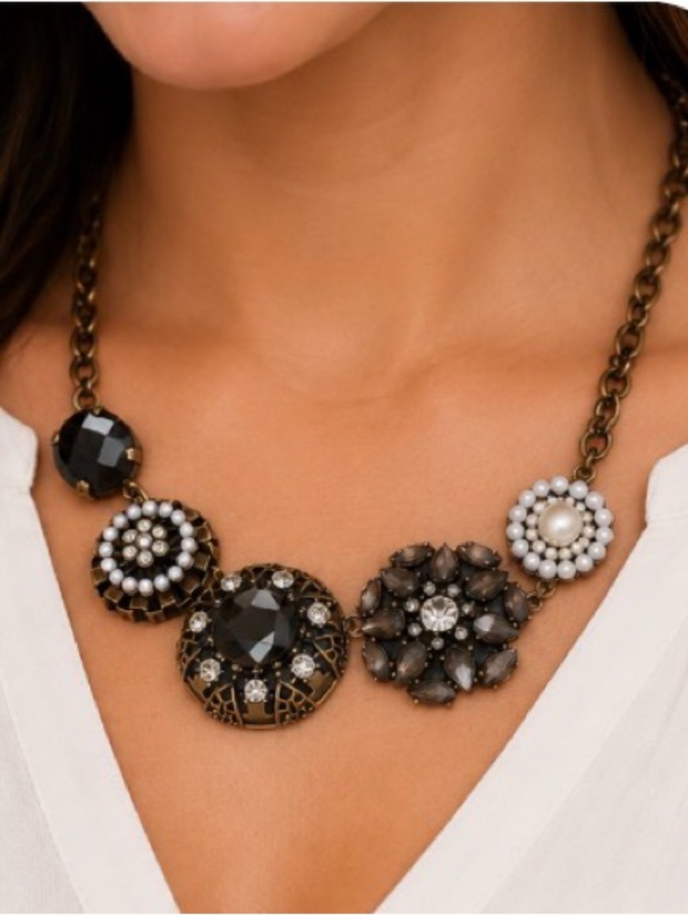 Lia Sophia Statement Necklace Antique Gold Pearl Crystal Smoky Gray 17”